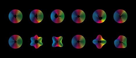 Music equalizers and sound waves. set of radial curves spectrum of radio wave oscillations. Multicolored neon sound wave of audio circles vector