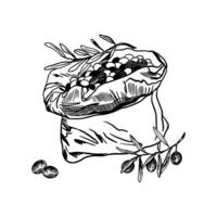 Olives in a bag with a branch. Ripe round fruits collected from a tree. Harvest. Illustration in graphic style. For labels, banners, cards, posters, leaflets. vector