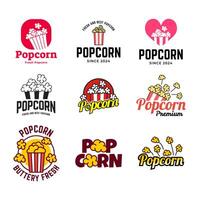 Set of Popcorn logo badge with illustration of popcorn in bucket isolated on white background vector