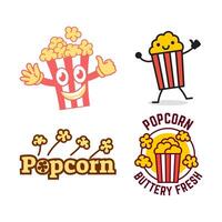 Set of Popcorn logo badge with illustration of popcorn in bucket isolated on white background vector