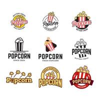 Set of Popcorn logo badge with illustration of popcorn in bucket isolated on white background vector
