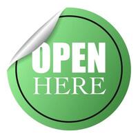 OPEN HERE sticker circle shape green color vector