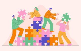 Illustration of diverse team collaboratively assembling puzzle vector