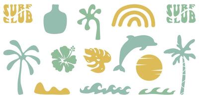 Retro Groovy Surf Club in trendy Boho style. Naive Geometric Summer Palm Tree. Simple background of sun sea. Retro Summer Beach Hand Drawn isolated illustration. Vintage Surf Club. illustration vector