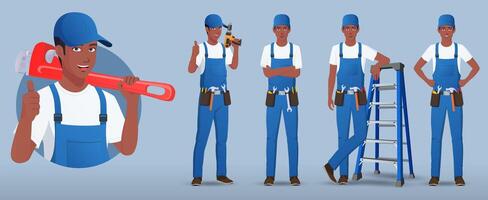 Black Handyman, Maintenance Engineer Character in Various Poses and Gestures holding work tools illustration vector