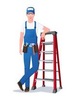 Handyman, Maintenance Engineer Character Standing Next to a Ladder with Tools and Equipment's Illustration vector