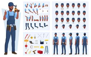 Black Maintenance Engineer Character Creation and Animation Pack, African-American Handyman Wearing Blue Overalls, Mouth Animation and Lip Sync, Front, Side, and Back view with Tools and Equipment vector