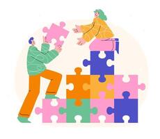 Illustration of diverse team collaboratively assembling vector
