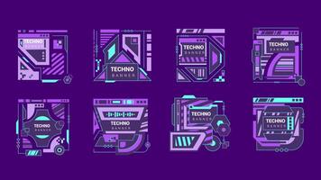Glitch tech banners. Stylish abstract frame designs featuring purple and blue hues with a technological theme vector