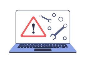 Illustration of a broken laptop. Error warning sign on the screen. image of a broken or repaired computer vector