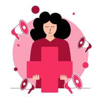 A woman with long, black hair is holding a large red cross in front of her. She is wearing a red shirt and has her eyes closed. The background is a light pink circle with red and white megaphones around it vector