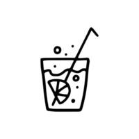 Cold soft drink in glass. Cocktail with slice of lemon, straw. Cooling juice with lime and bubbles. Drawing, icon from black lines vector