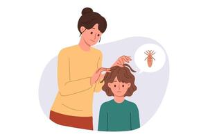 Mother is looking for lice in hair of child is upset due to infection with pediculosis vector