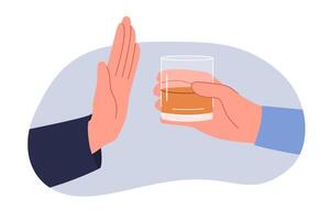 Refusal from alcohol is demonstrated by man hand, near glass of whiskey, which causes intoxication vector