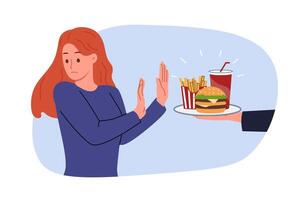 Refusal from fast food demonstrated by woman who wants to go on diet and reduce amount of calories vector