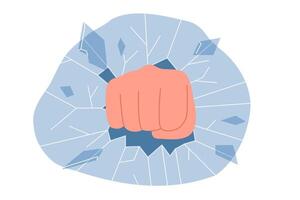 Fist breaks glass into pieces, symbolizing strength and aggression that evokes desire to destroy vector