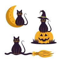 Halloween with cat. Set of Halloween illustrations with cat for posters, cards, invitations, banners. vector