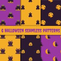 Halloween seamless patterns set. Seamless patterns with with pumpkins, pot, castle, moon, bat, ghost, cat. vector