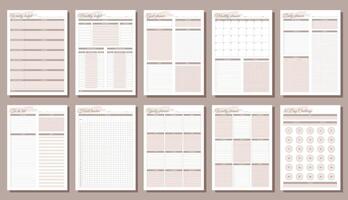 Planners set. Daily, weekly, monthly, yearly, habit tracker, to do list, goal, monthly budjet, weekly budjet and challenge. Blank white notebook page A4. vector