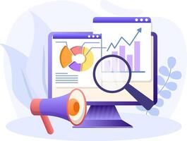 Market analytics illustration. Flat design statistical and Data analysis for business finance investment concept with monitor graph dashboard vector