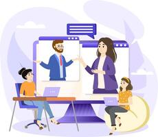 Collaborative learning illustration. Students working in group. Distance learning. Top view of teenagers preparing for lessons. vector