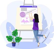 Web designer illustration. Girl web designer works on computer building the structure of a web page interface, illustration. vector