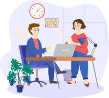 Colleagues illustration. The onboarding process concept, an employee assisting a new colleague in acclimating to their first day at work vector