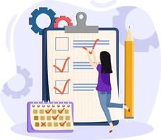 Planning illustration. Happy woman standing near check list and holding pen. Concept of successful completion of tasks. Daily planning and time management. illustration in flat cartoon style. vector