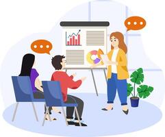 Conference illustration with foreign business partners. People in office and remote workers.. Colored flat illustration isolated on white background vector