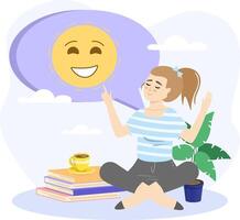 Optimism illustration. Happy woman sitting and singing. Concept of optimism, feeling of happiness, positive thoughts or emotions, good mood, optimistic point of view. vector