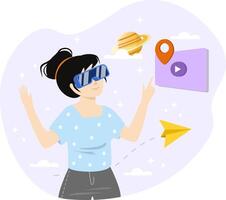 Interactive simulations illustration. Cyberspace. Metaverse Digital Virtual Reality Technology. Innovation Interactive Education at Home. Woman in VR Glasses vector