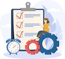 Responsibility illustration. Checklist for work completion, review plan and achievement concept standing with pencil after completed all tasks checklist. vector