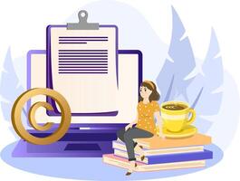 Copywriter illustration. Editor and copywriting services online. Tiny people copywriters checking grammar and spelling document page. illustration on white background vector