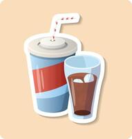 Paper cup with straw and glass with ice cubes containing soda is refreshing on hot summer day vector