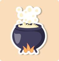 Cartoon style illustration of a magic potion boiling in a cast iron cauldron on fire vector