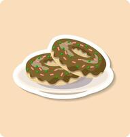 Two chocolate donuts with green and pink sprinkles are lying on a plate vector
