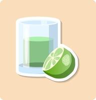 Glass of refreshing green juice with lime on yellow background vector