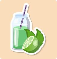 Green smoothie in bottle with straw resting on purple coaster with fresh limes and spinach vector