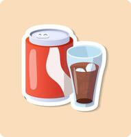 Refreshing soda in aluminum can and glass with ice cubes vector
