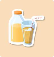 Refreshing orange juice in glass and bottle with ice and straw on green background vector