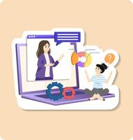 Businesswoman giving online presentation explaining charts and business strategy using laptop computer vector