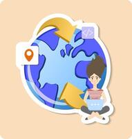 Software developer working remotely managing global project using laptop vector