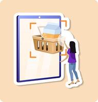 Woman using augmented reality app on smartphone for online grocery shopping vector