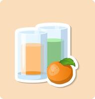 Two glasses filled with orange and green juice accompanied by a tangerine on a blue surface vector