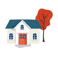 Fairytale white house with a blue roof in a simple minimalist style, red leaves on a tree on a white backdrop. vector