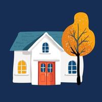 Cartoon house with a tiled roof in a simple minimalist style, yellow leaves on the tree. Night. P vector