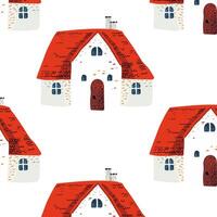Seamless pattern. A simple fairytale house with a red roof in Scandinavian style. vector