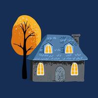 Magic house with a tiled roof in a simple minimalist style, yellow leaves on the tree. Night. Postcard and poster. vector