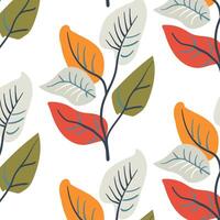 Seamless pattern. Simple Plant. Simple branch of bright autumn leaves. White background. Decorative ornament in Scandinavian style. Hand drown. Flat vector