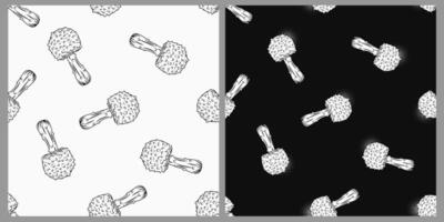 Seamless black and white patterns with fantasy mushroom fly agaric. Loose composition. Set of patterns on black, white background. vector